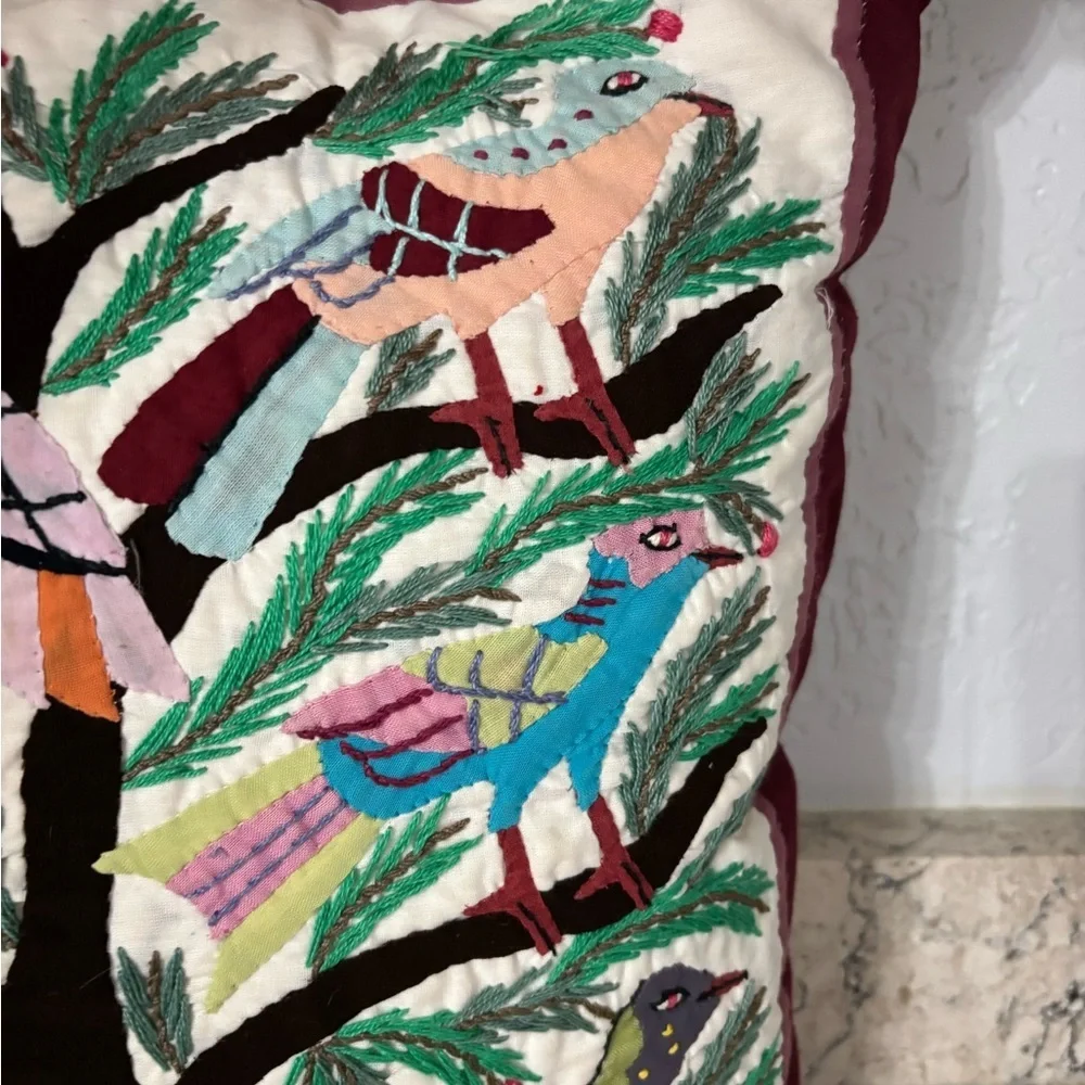 Embroidered Bird Tree Accent Pillow Burgundy Border, Multicolor Intricate